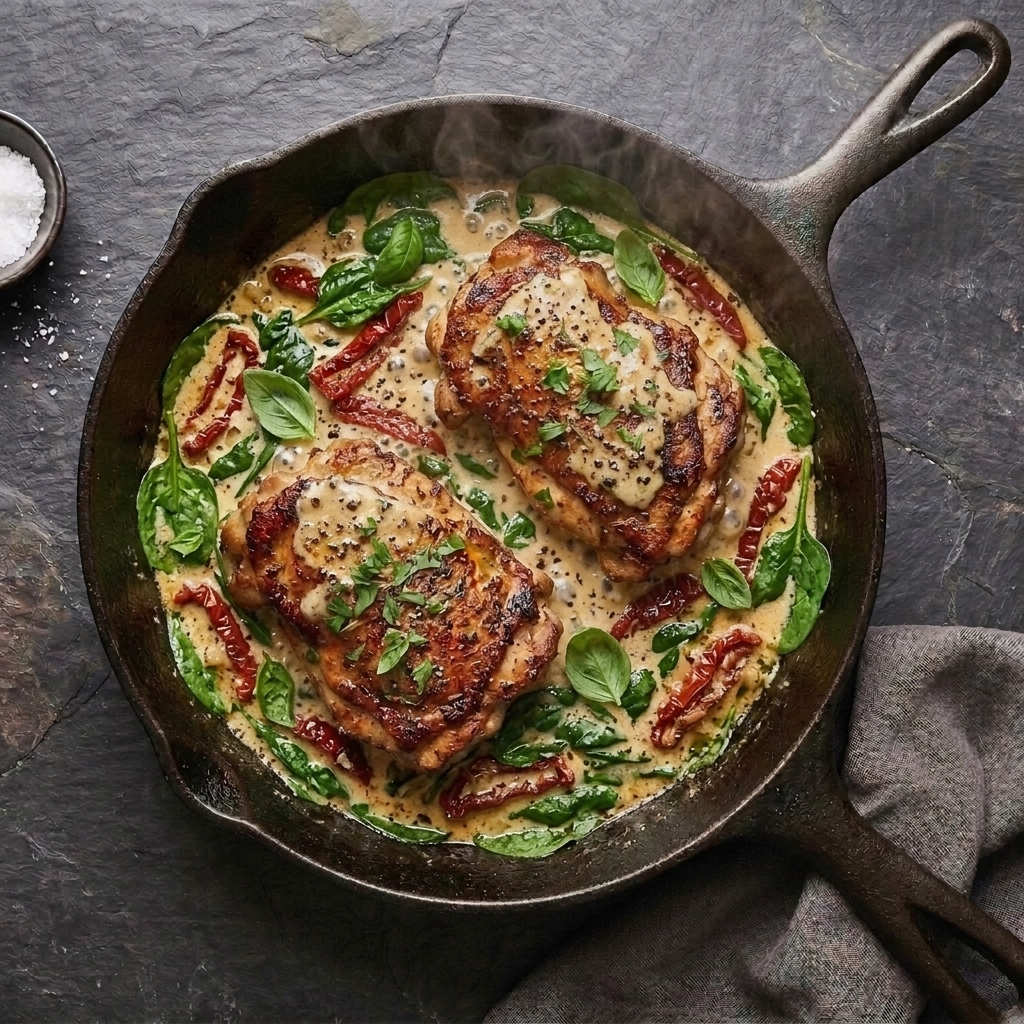 Creamy Tuscan Garlic Chicken served in sizzling cast iron skillet